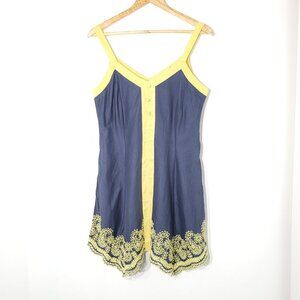 Aryeh Anthropologie Navy 100% Cotton Embroidered Yellow Paisley Trim Lined Large